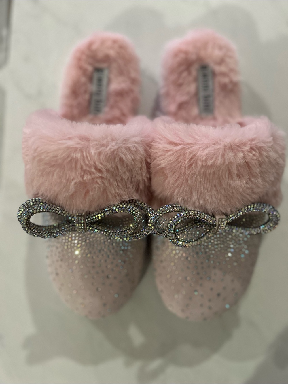 Gianni Bini Pink Crystal Bow Faux Fur Slippers with box